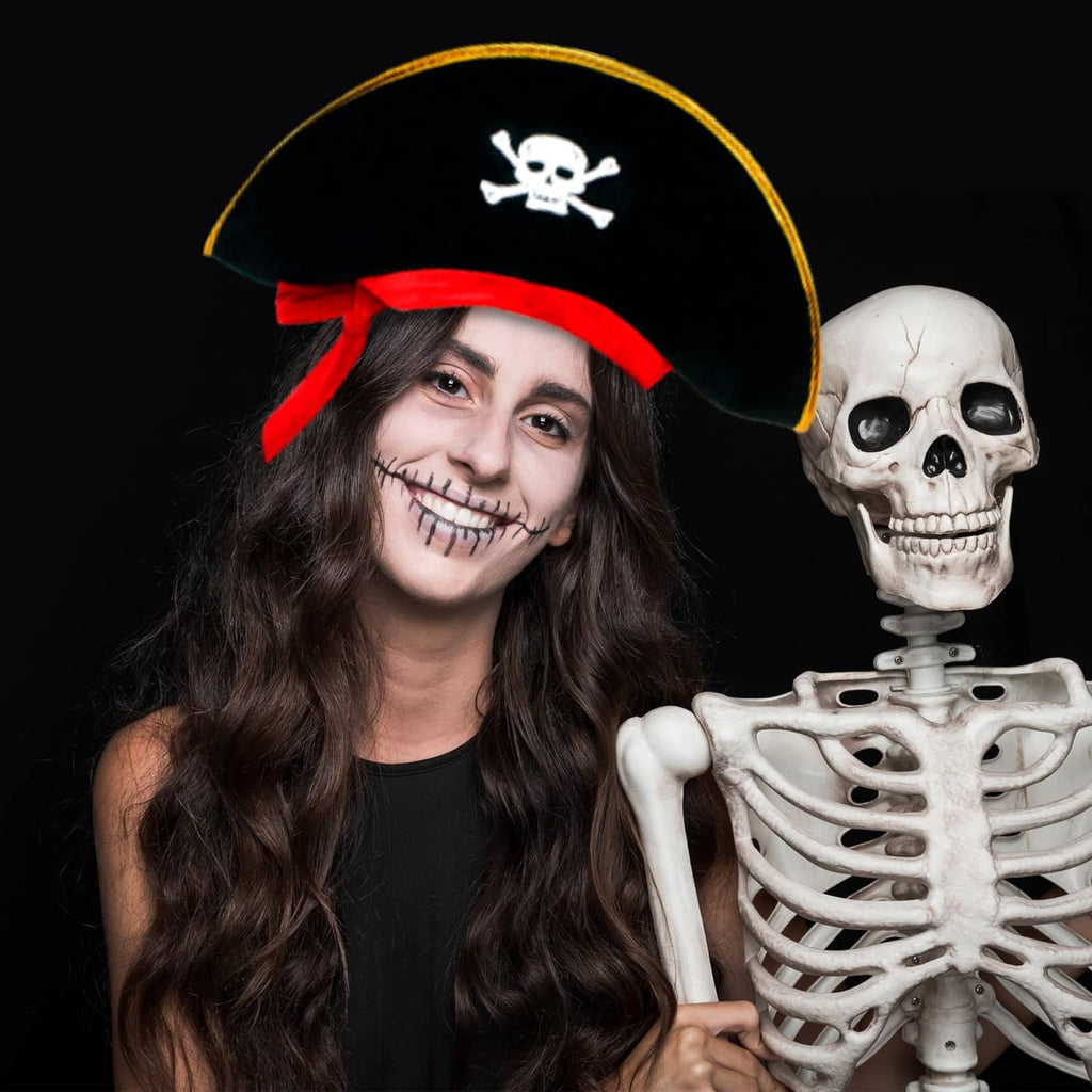 Pirate tricorn hat with white skull emblem, gold trim, red band and long red tie ends