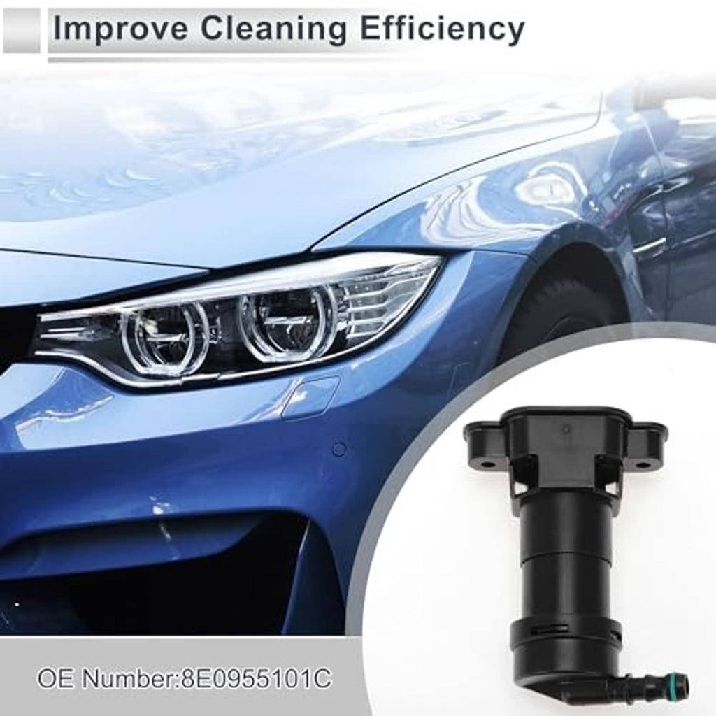 Headlight washer nozzle with green inlet, black part displayed near front body panel