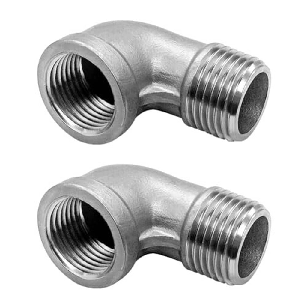 Two 90-degree stainless steel elbows with NPT male threads