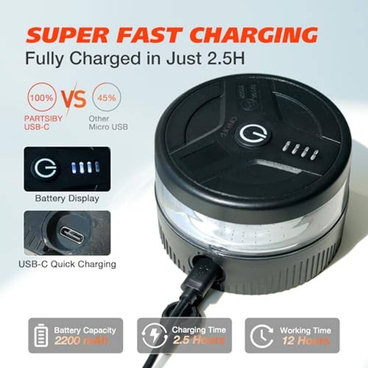 Black circular beacon light with battery display indicators and USB-C charging port