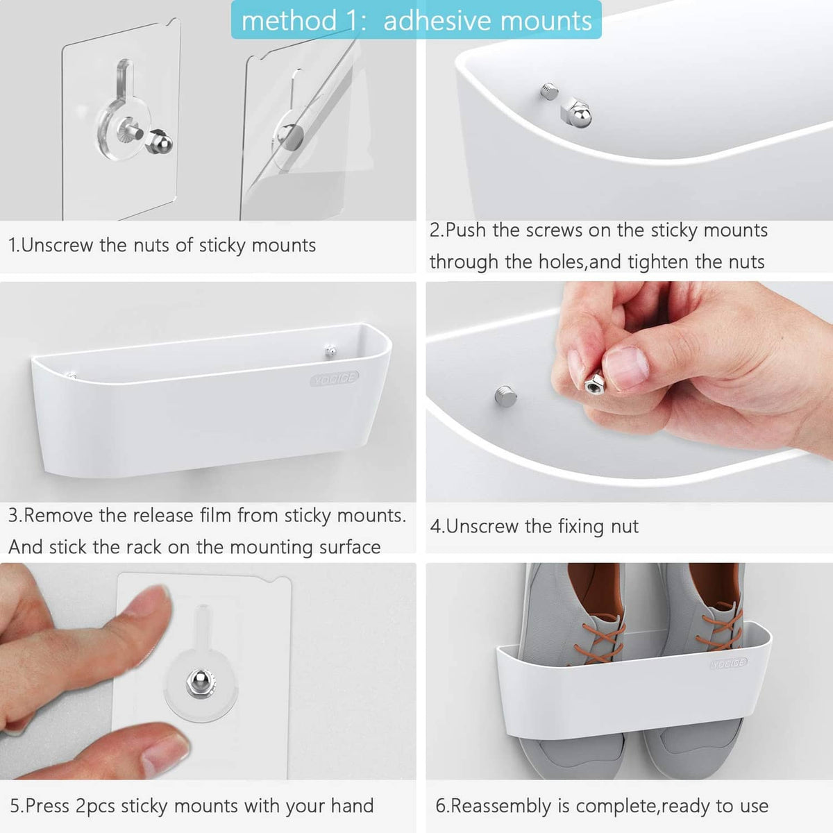 White shoe rack installation steps with adhesive mounts and hand tightening nuts