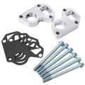 Water pump spacer adapter kit with two silver aluminum brackets, gaskets, and bolts