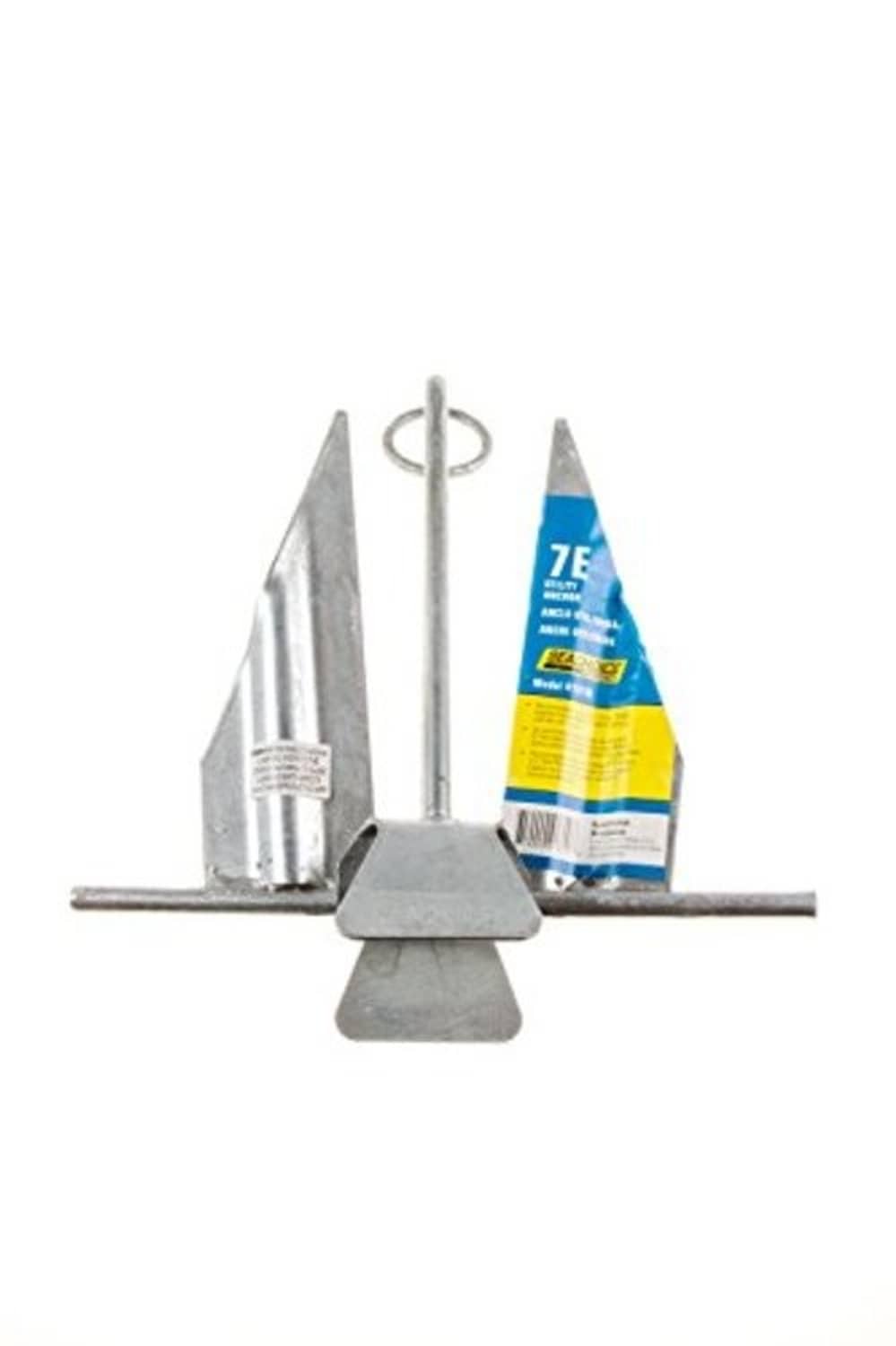 Steel boat anchor with ring shackle and slip shank, two flukes, next to packaged label