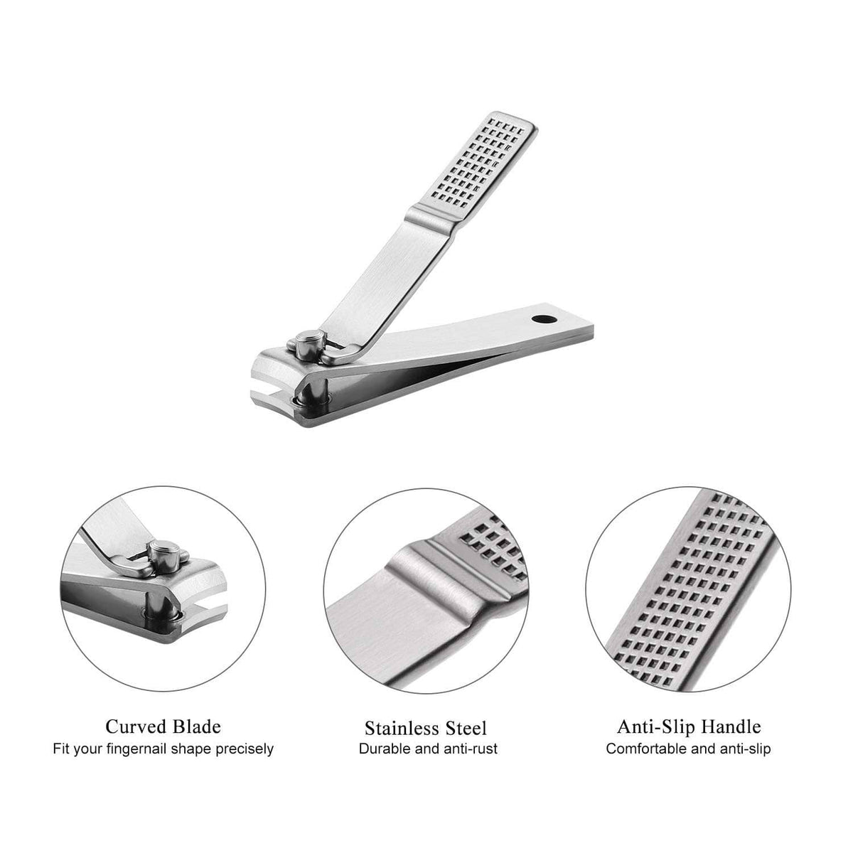 Nail clipper with stainless steel body, textured file, and anti-slip handle