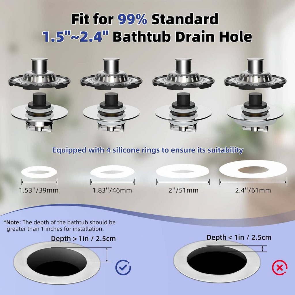 Bathtub drain hair catcher stopper sized for standard 1.5 to 2.4 inch drain holes