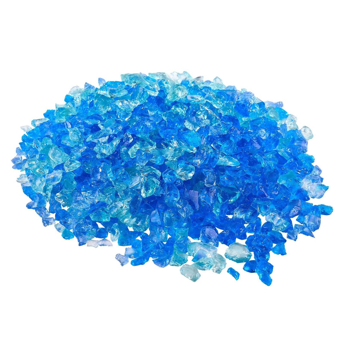 Blue fire pit glass rocks pile with faceted translucent chips
