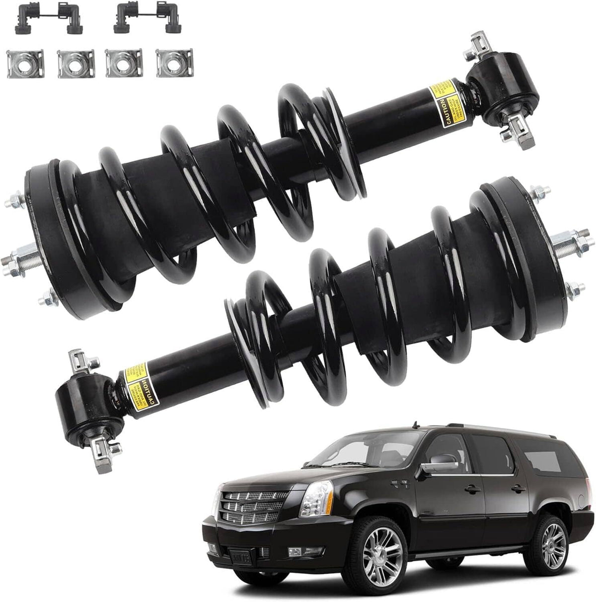 Front shock strut pair installed on vehicle, black coil springs with mounts