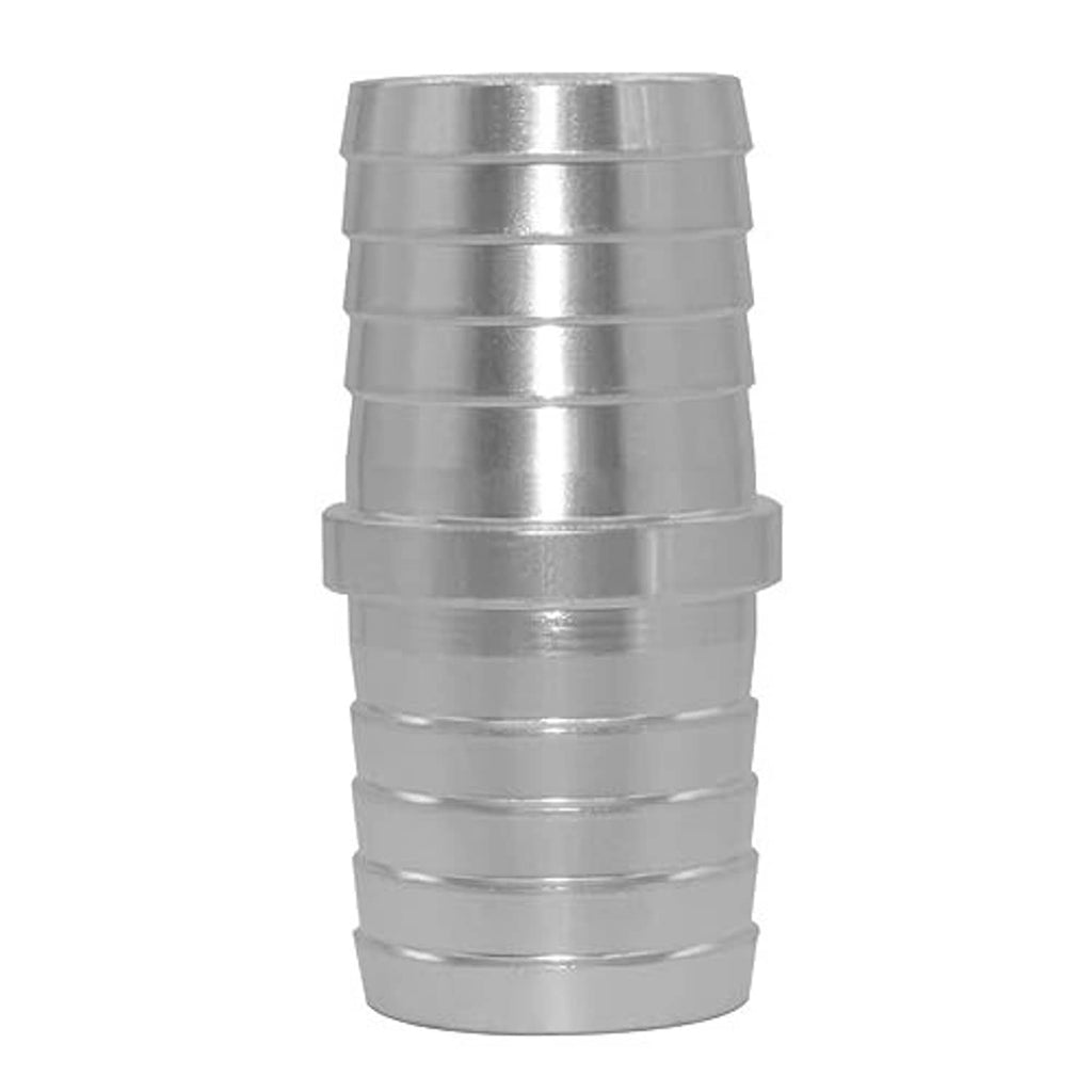 Silver metal hose barb reducer coupler with stepped ridges, end view