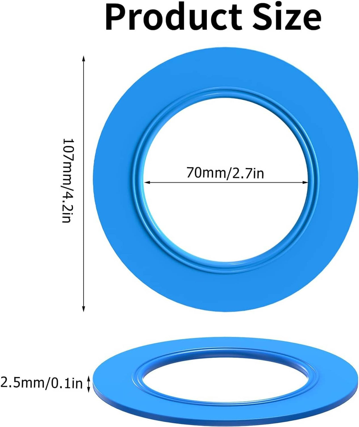 Blue silicone flush valve seal ring with size diagram and inner opening