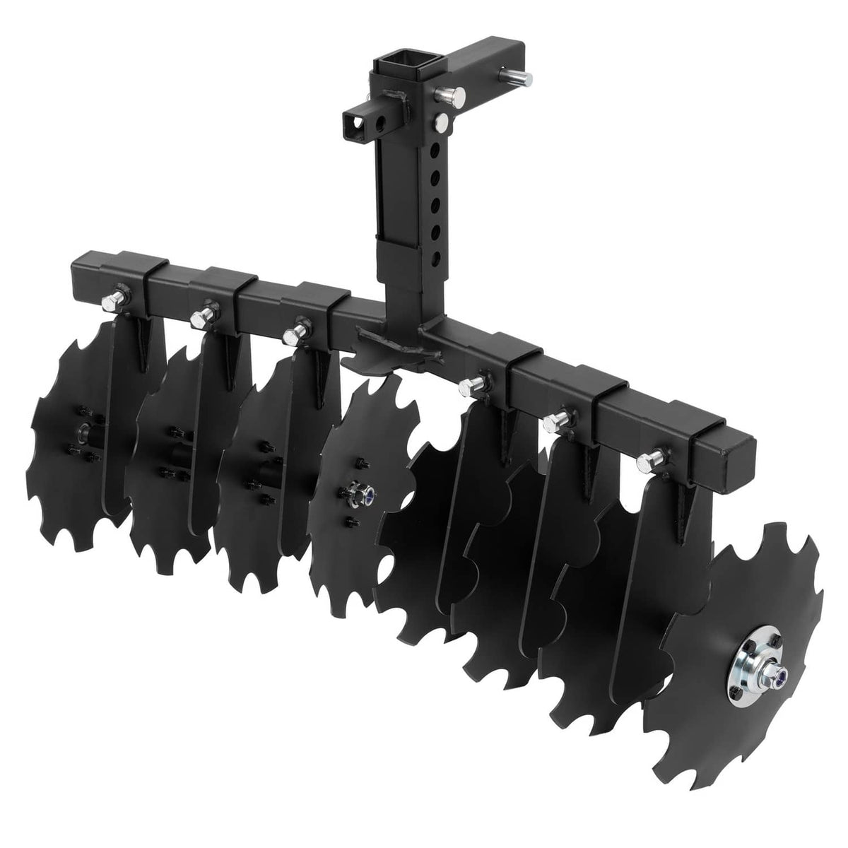 Side view of disc harrow plow with notched steel discs and hitch bracket