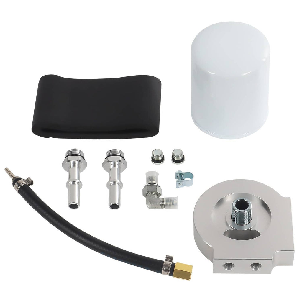 Fuel filter conversion kit assortment: white canister filter, adapter, black boot, hose, fittings