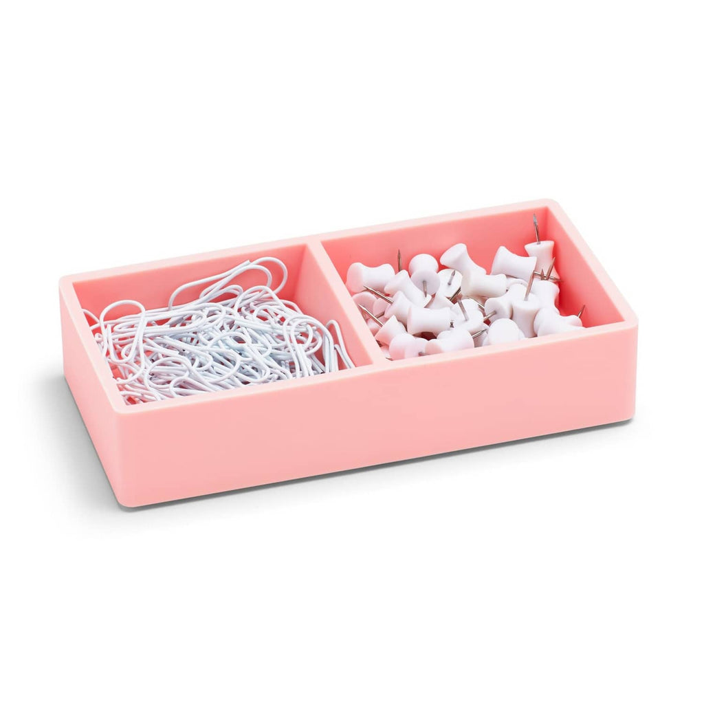 Blush pink desk organizer tray with two compartments filled with office supplies