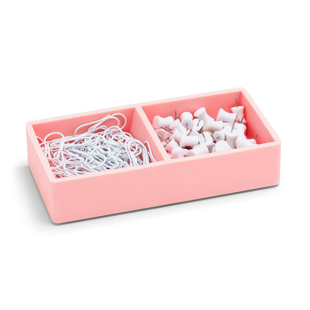 Blush pink desk organizer tray with two compartments filled with office supplies