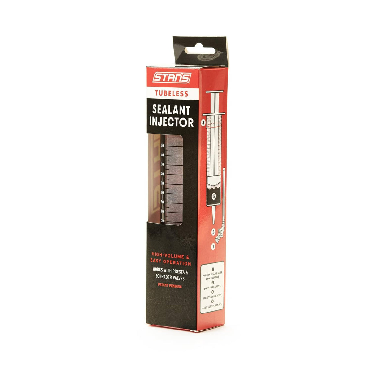 Stan's tubeless sealant injector retail box with red and black graphic panel
