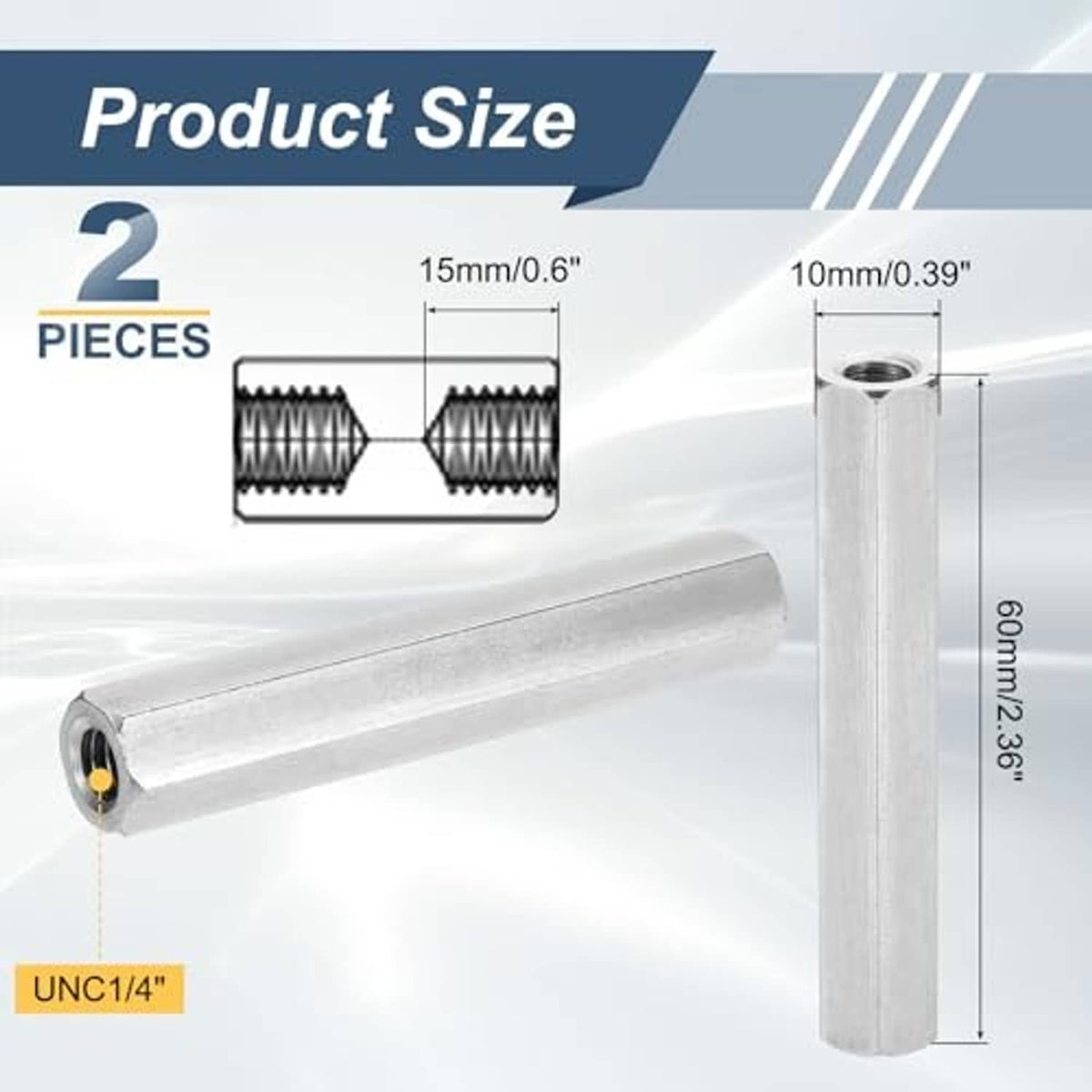 304 stainless coupling nuts, long hexagonal sleeves with internal UNC threads