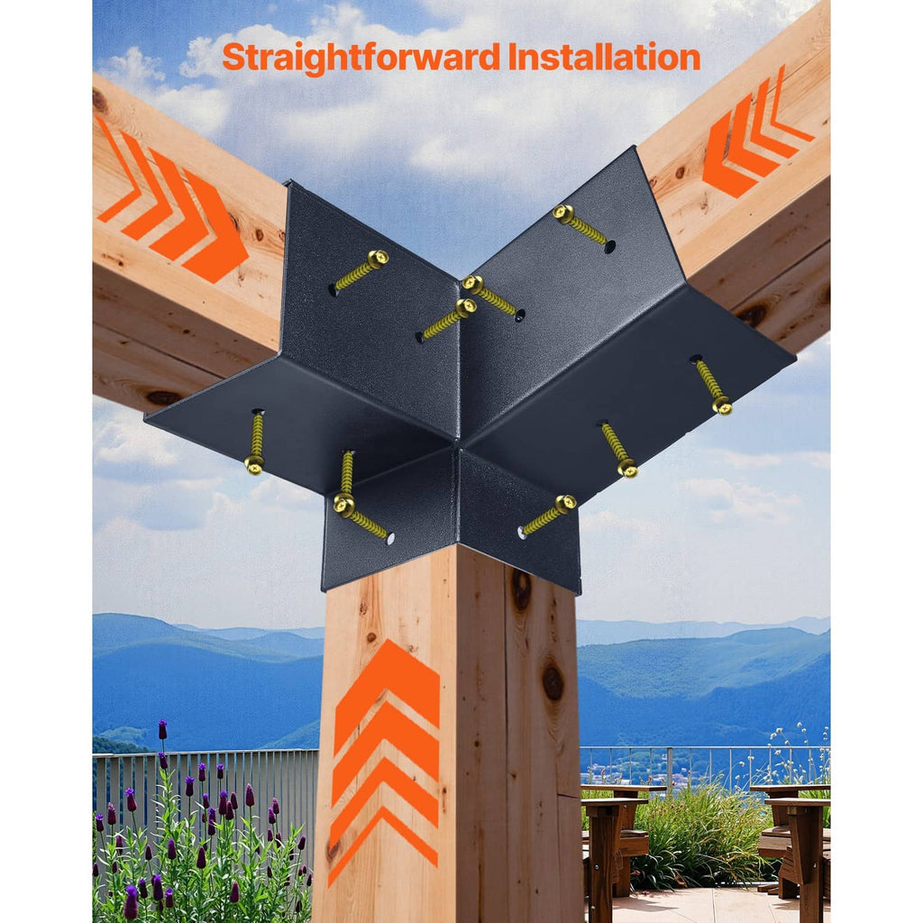 Black metal 3-way slanted bracket mounted on a wooden post with screws