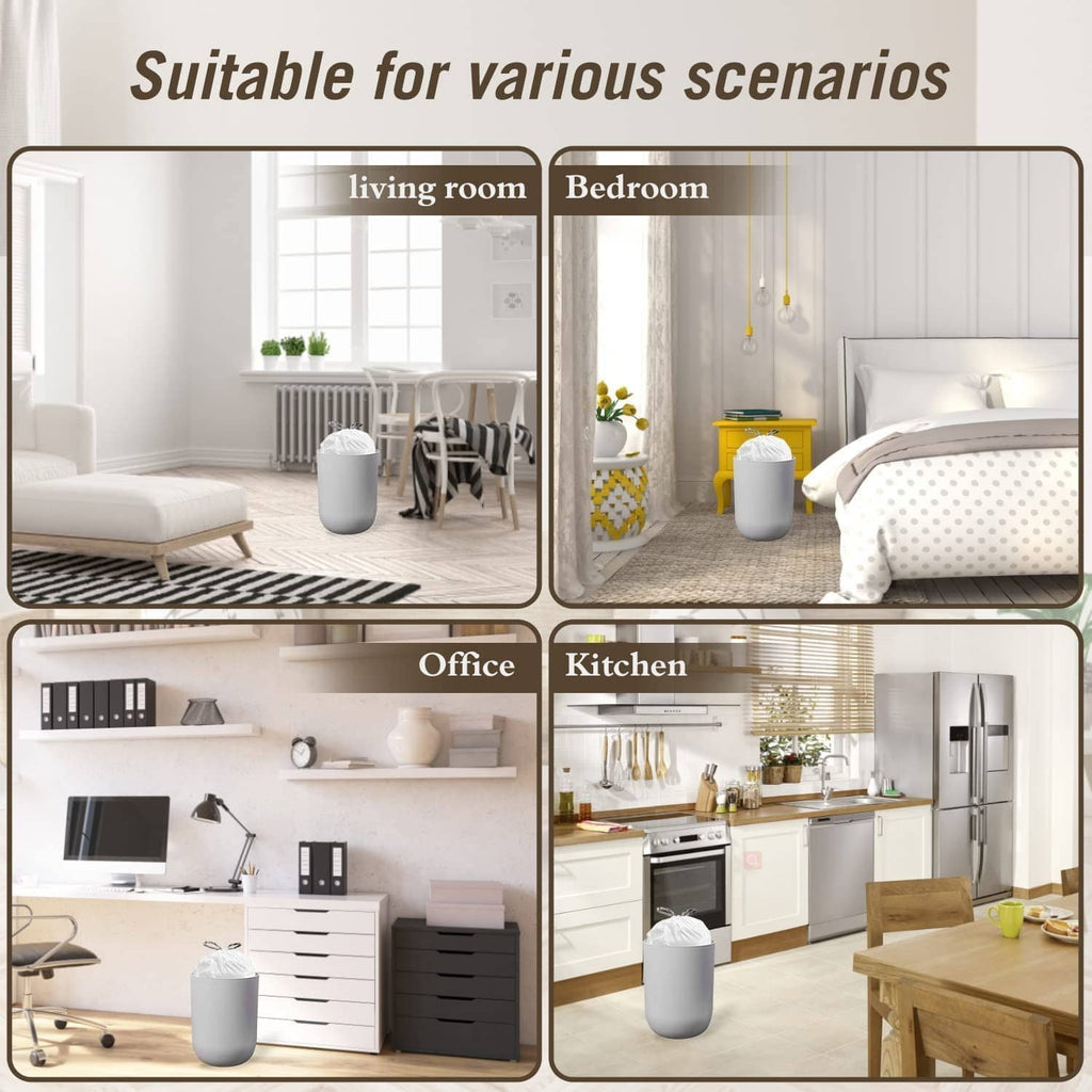 White trash bags placed in multiple rooms, including kitchen, bedroom, and office