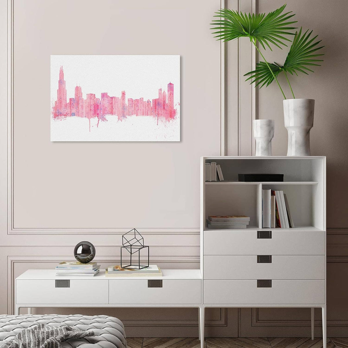 Wrapped canvas wall art of a pink skyline on a wall above shelves and a cabinet