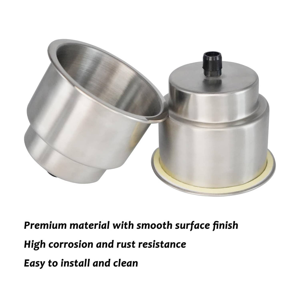 Stainless steel cup holder insert pair, one open cup with visible rim and base cap