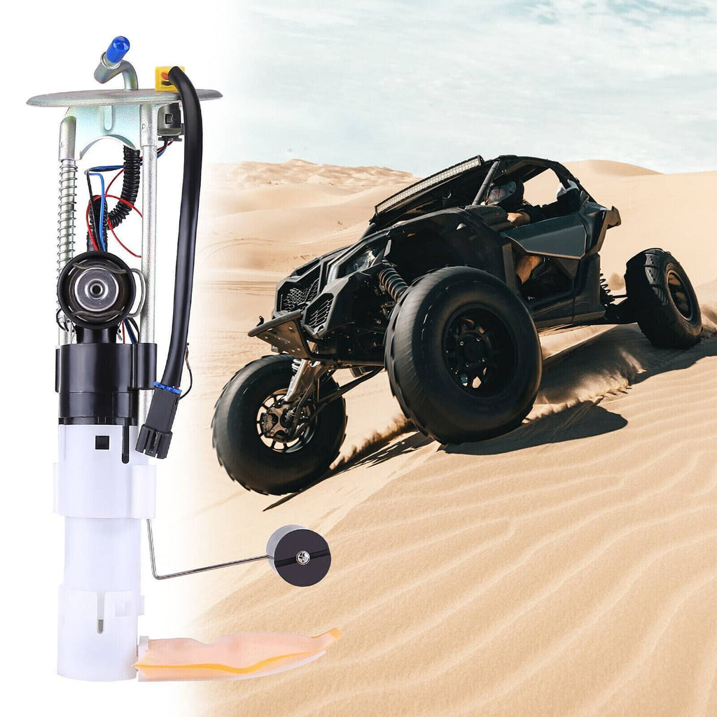 Fuel pump assembly installed on ATV, showing wiring and fuel line connector