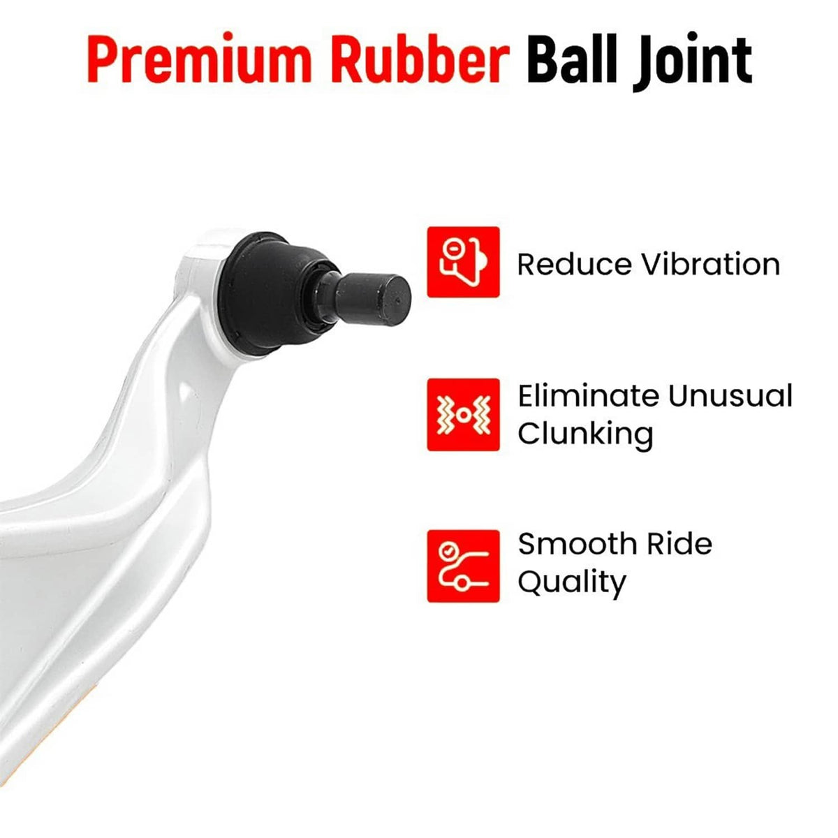 Front ball joint with black rubber boot on white control arm