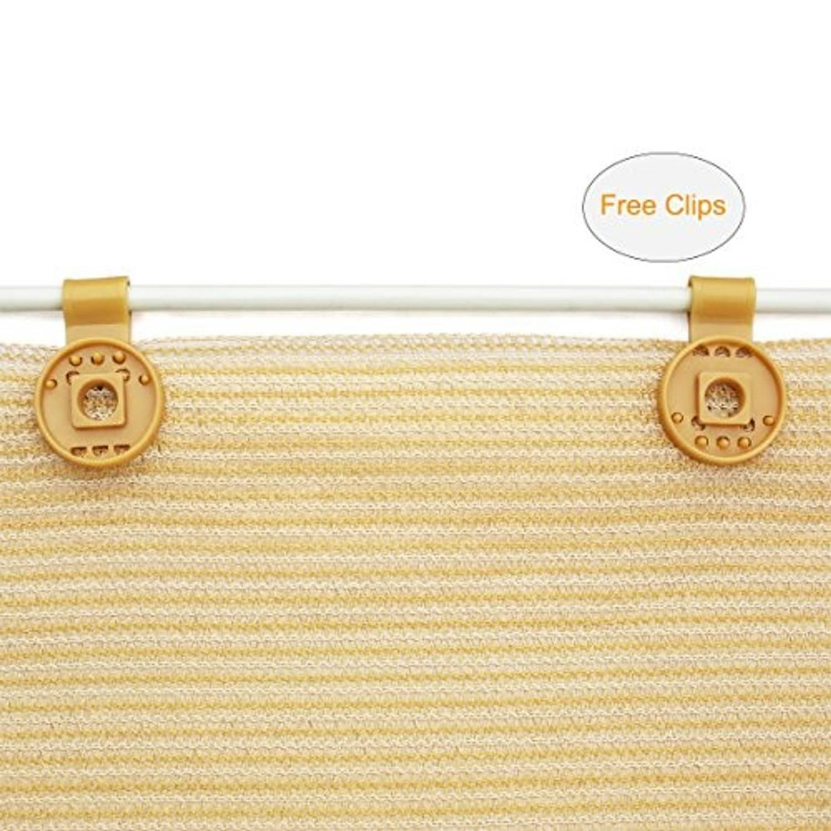 Beige sun shade mesh with round clips along top bar