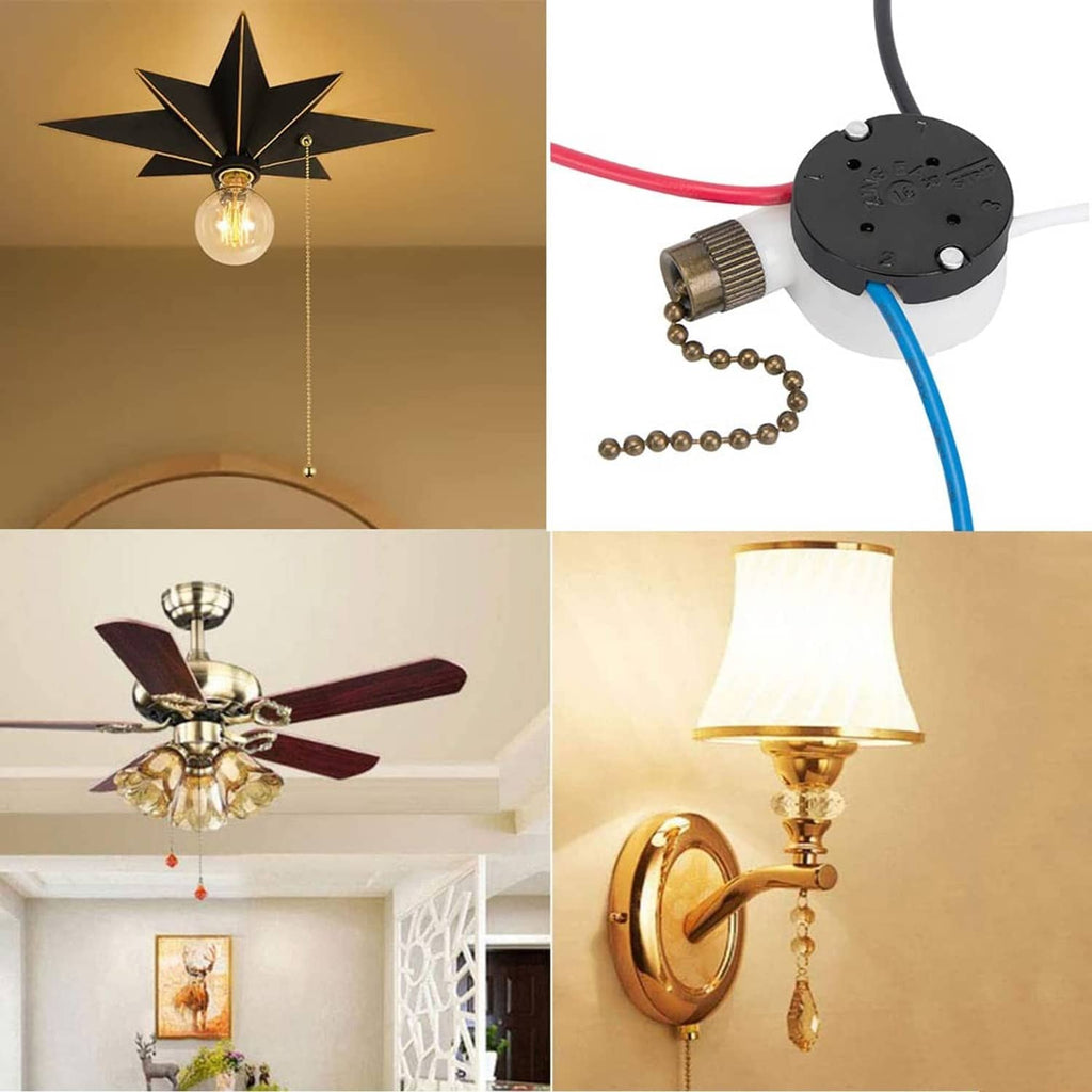 Ceiling fan pull chain switch with brass chain, red and blue wires, black circular housing