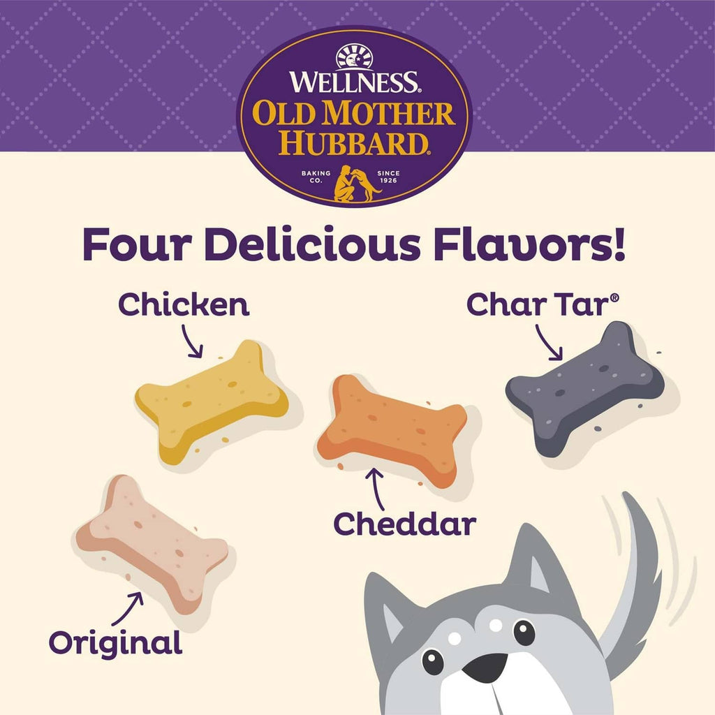 Dog biscuit flavor chart with Original, Chicken, Cheddar, and Char Tar icons