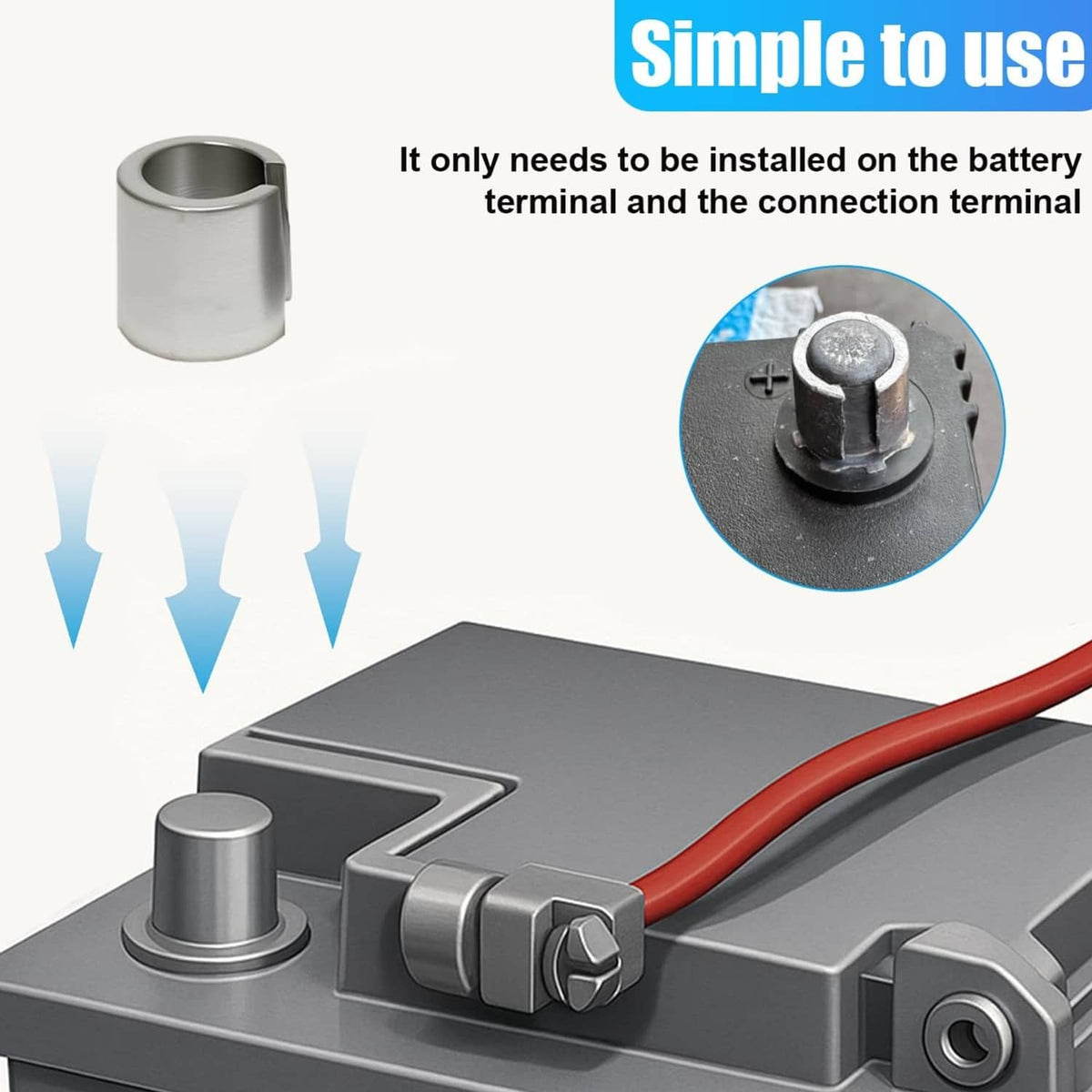 Metal battery post terminal shim sleeve, single piece