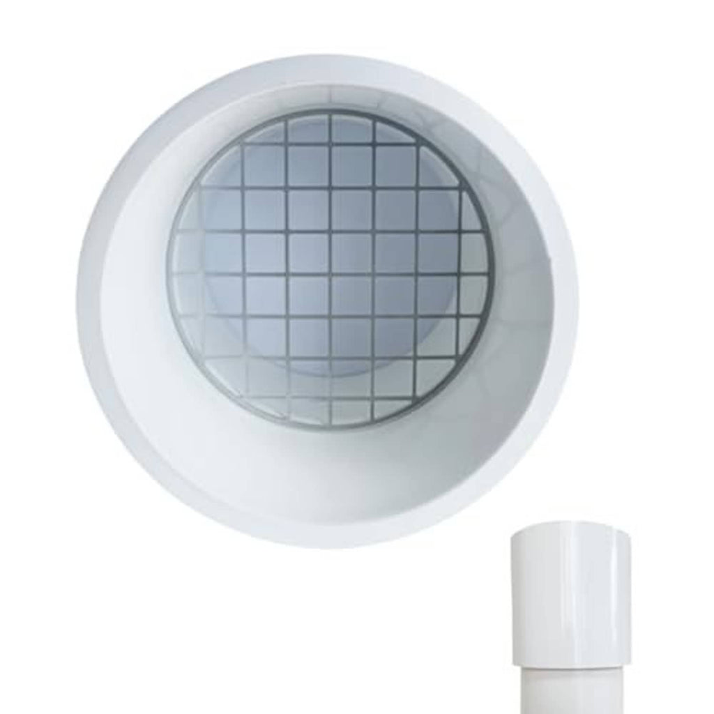Round PVC vent cap with gray stainless mesh grid and white outer rim