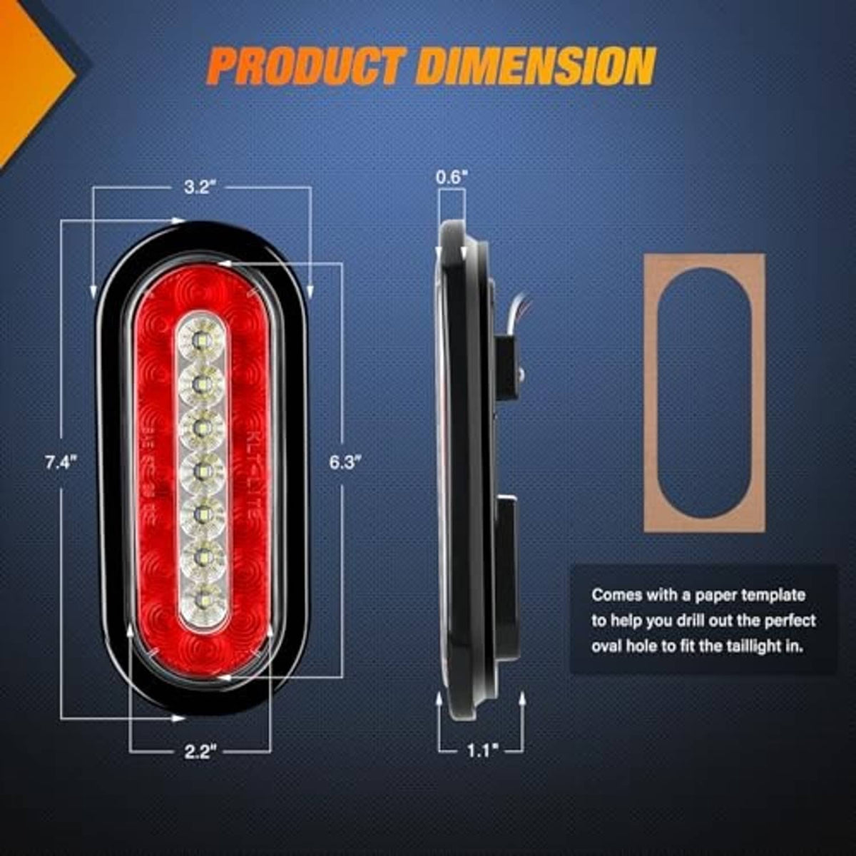 Oval red LED trailer tail light with clear lens and black housing, size diagram