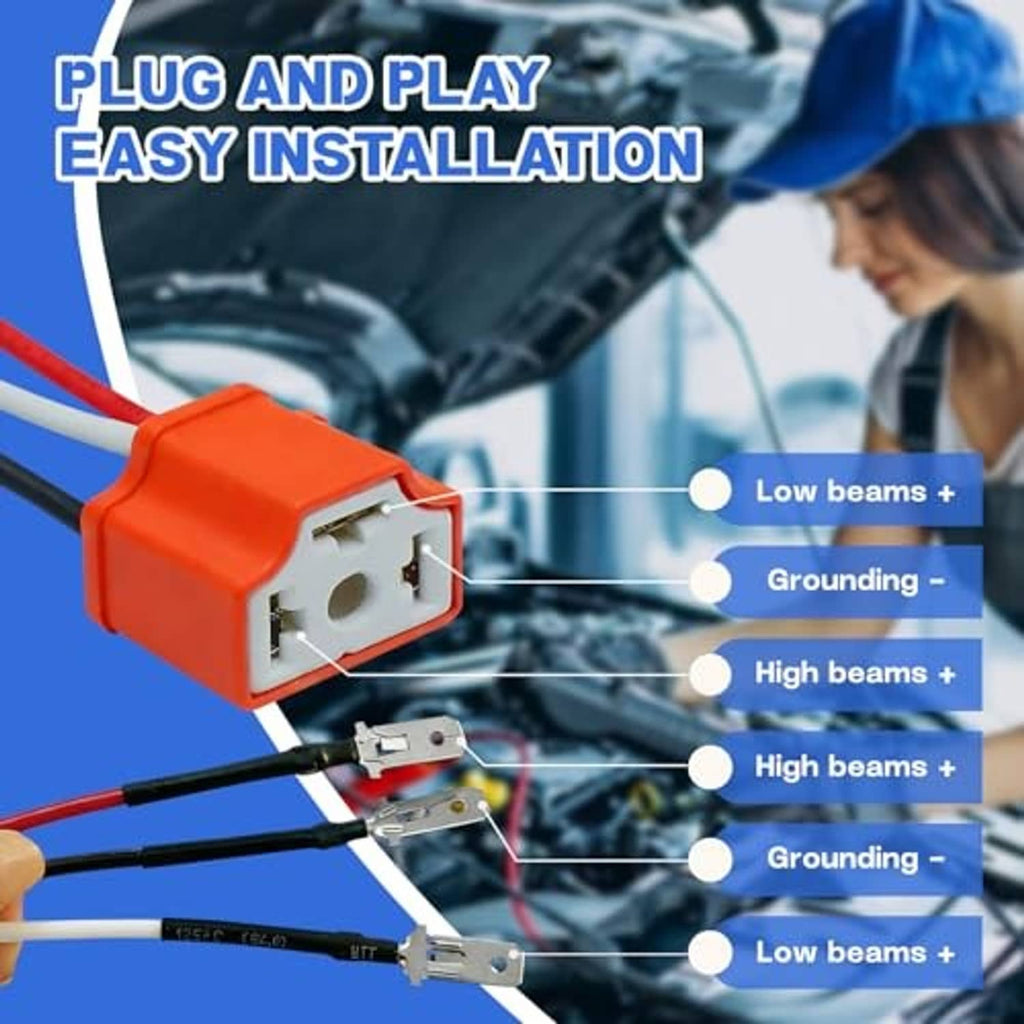Orange ceramic headlight pigtail connector with dual socket and red/black wiring harness