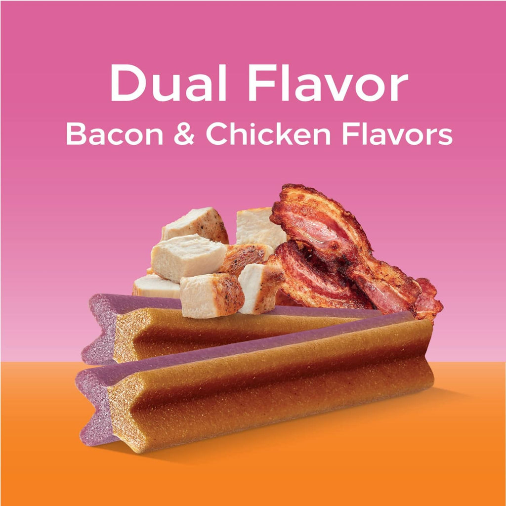 Dual flavor dental treat sticks with bacon and chicken flavored pieces