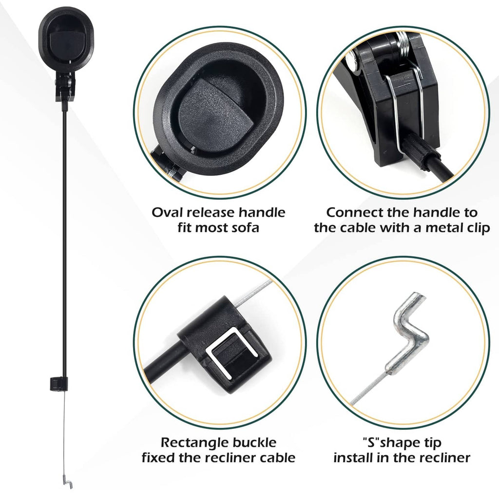 Black oval release handle with rectangle buckle and S-shaped metal cable tip