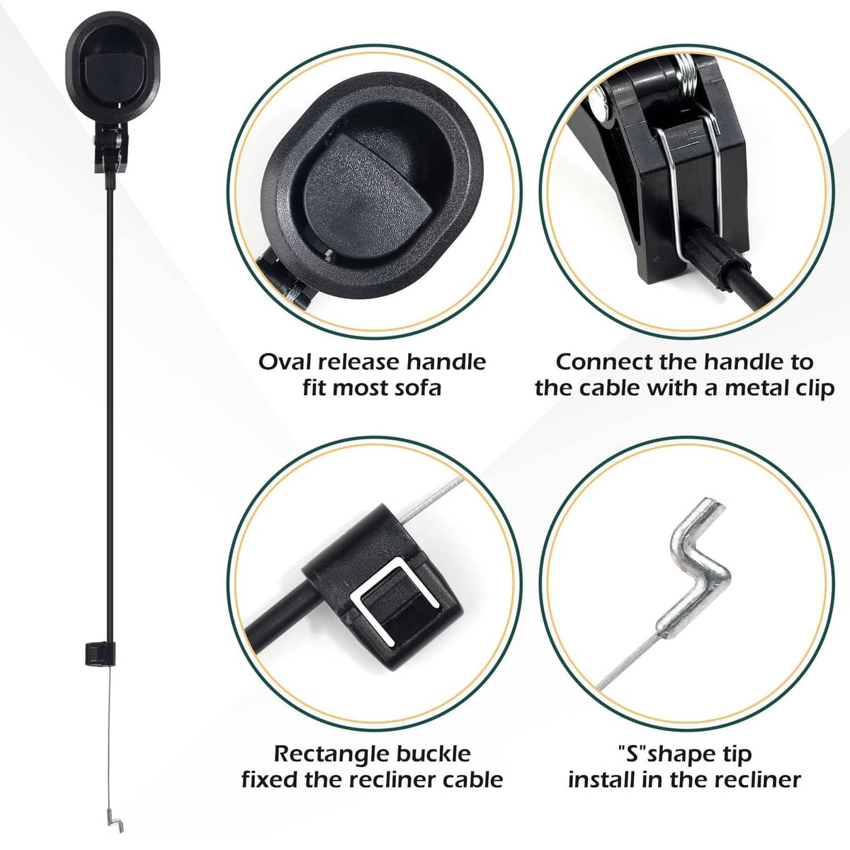 Black oval release handle with rectangle buckle and S-shaped metal cable tip
