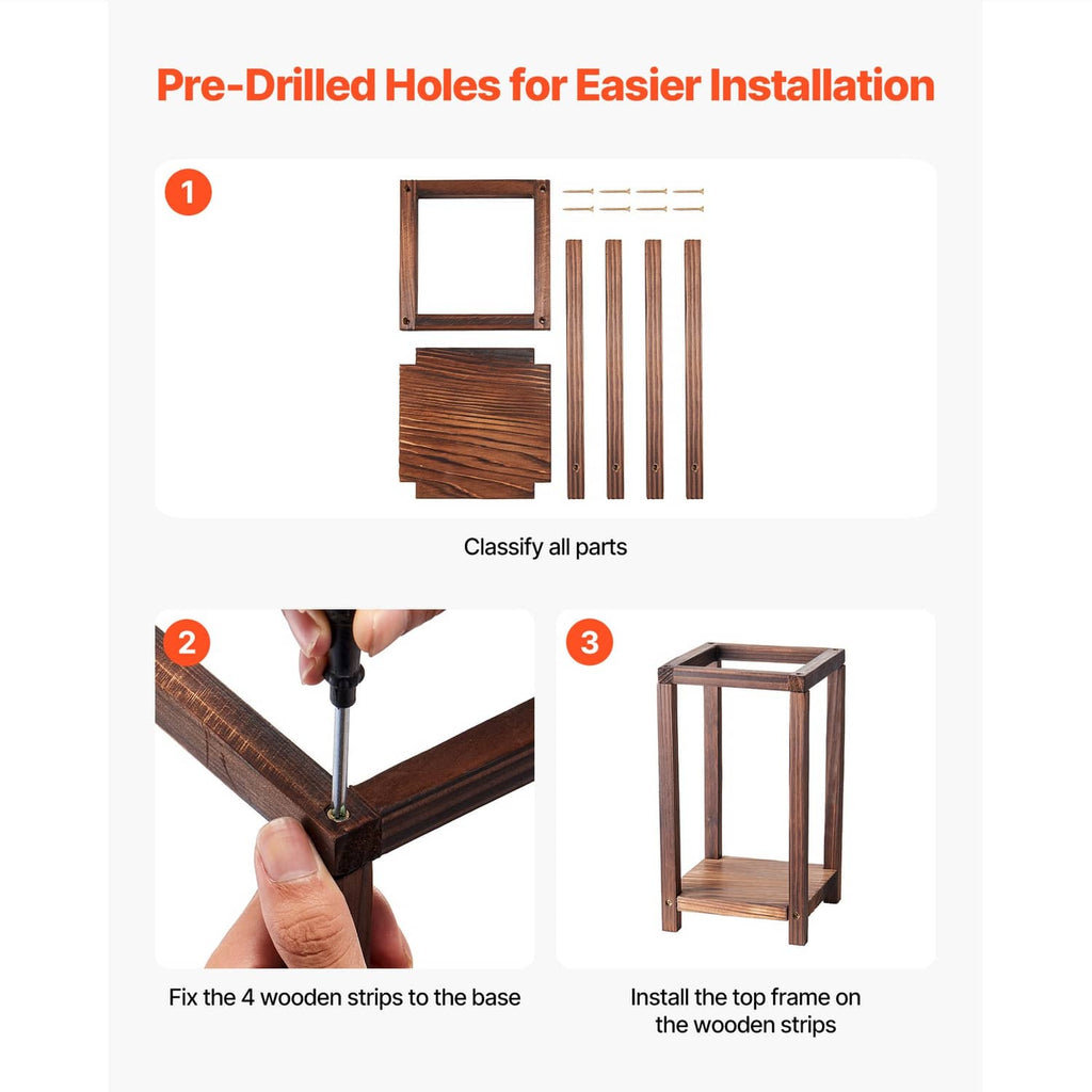 Brown wooden lantern kit parts with pre-drilled holes and assembly strips