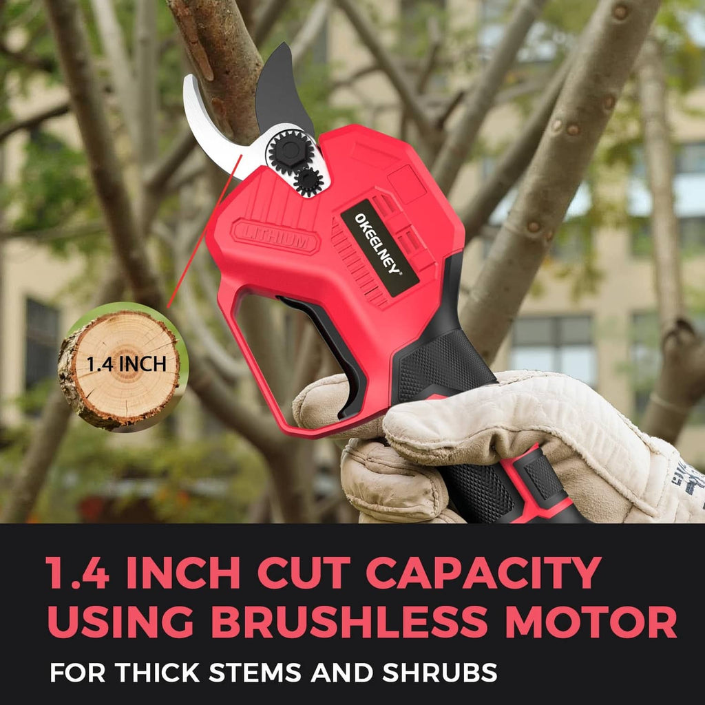 Electric pruning shears with red housing and toothed wheel near the cutting blade