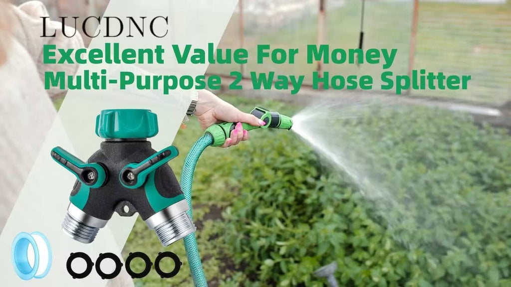 2-way garden hose splitter spraying from two outlets, green top and black valve body