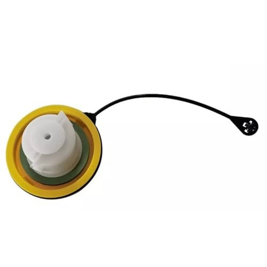 Yellow fuel filler cap assembly with internal white seal and black housing