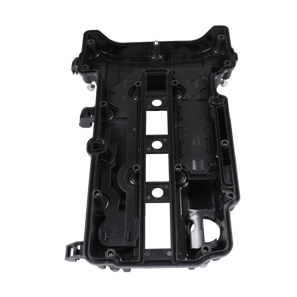 Black camshaft valve cover housing with gasket openings and bolt positions