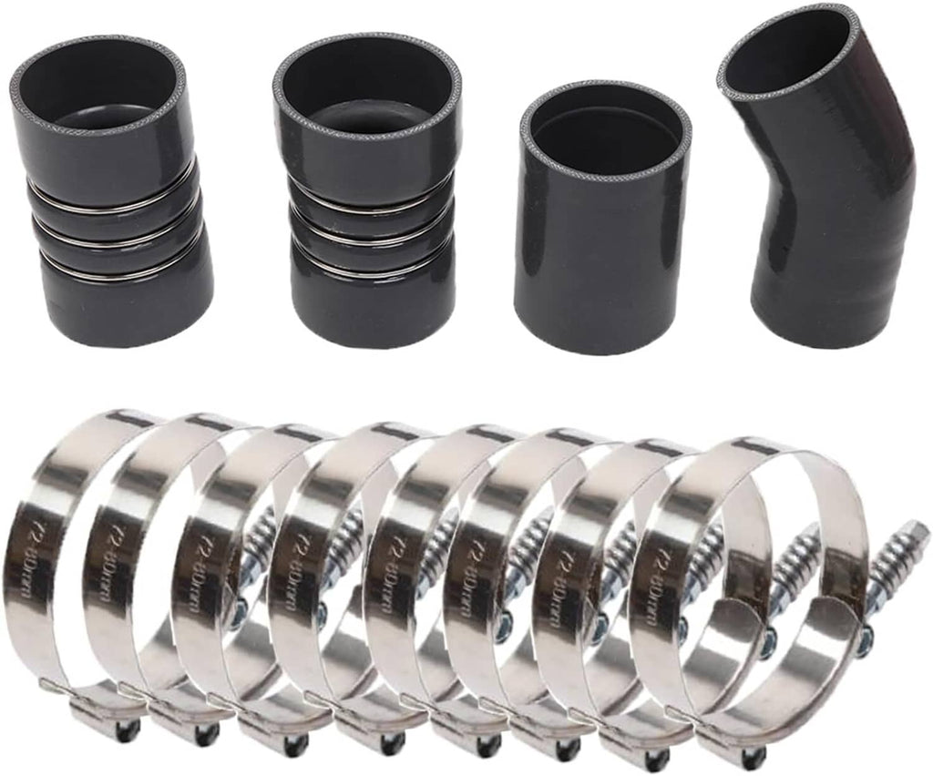 Black silicone hose boots and stainless clamp bands with multiple screw fasteners