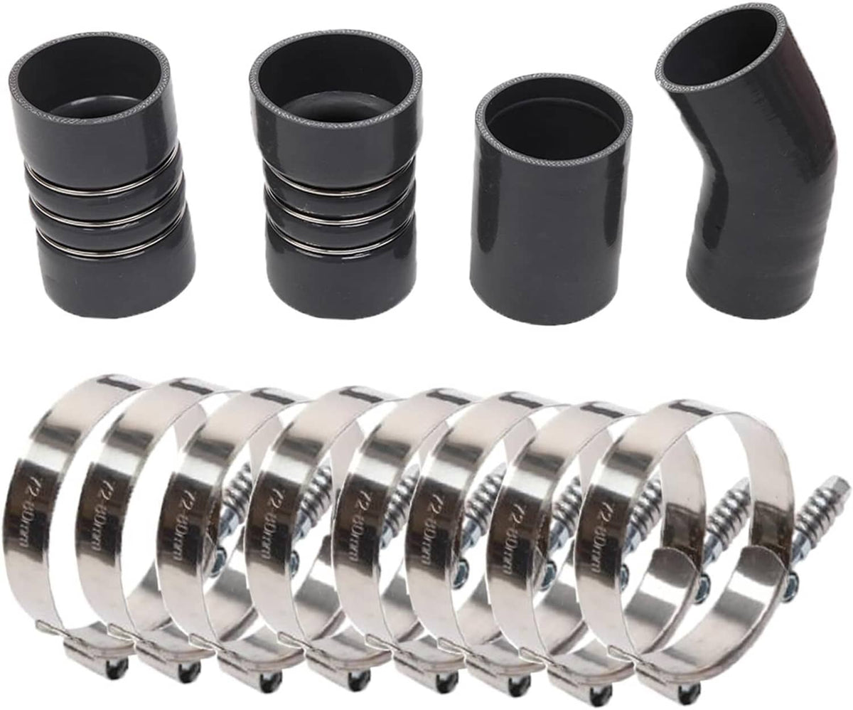 Black silicone hose boots and stainless clamp bands with multiple screw fasteners