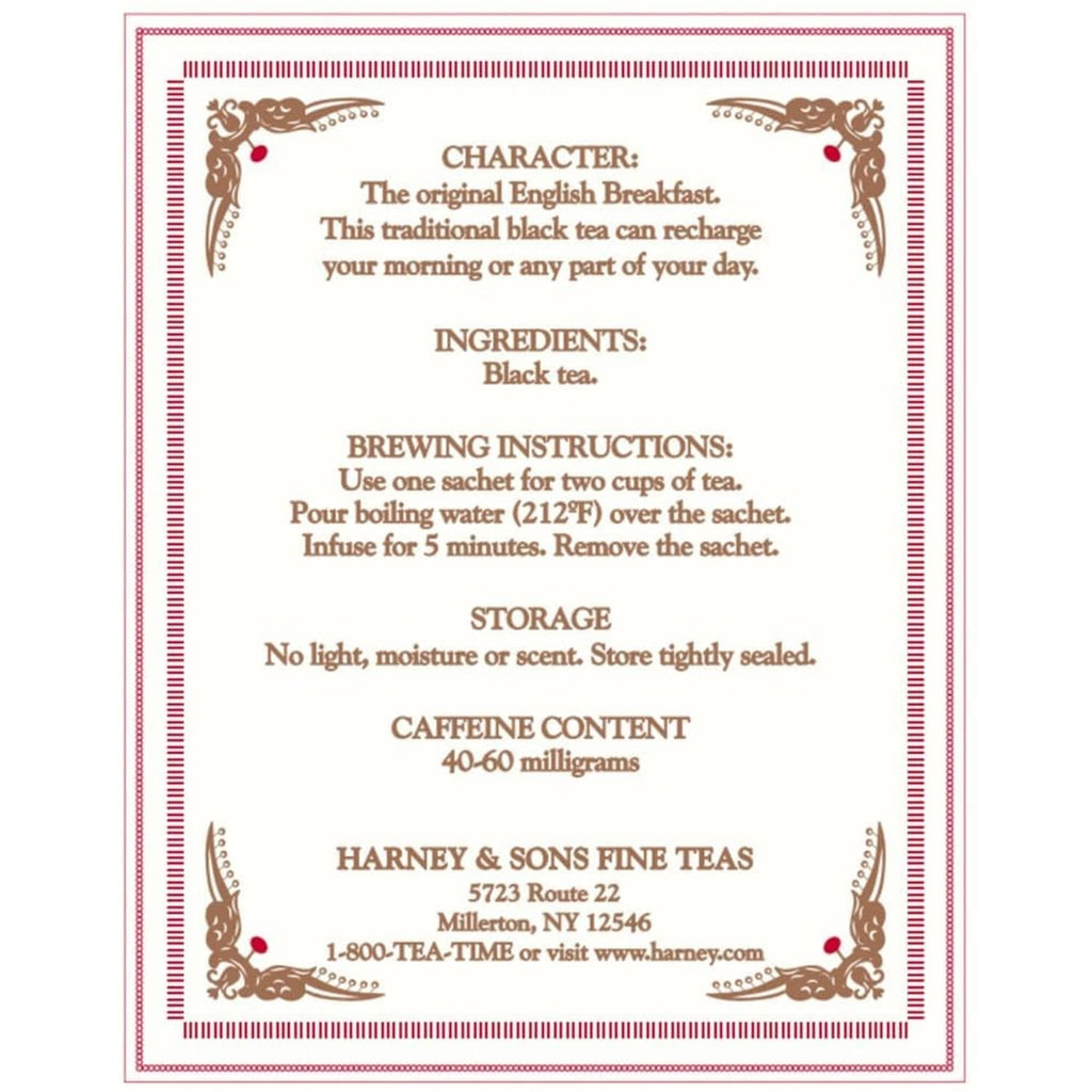 Tea back label showing character, brewing instructions, storage, and caffeine content