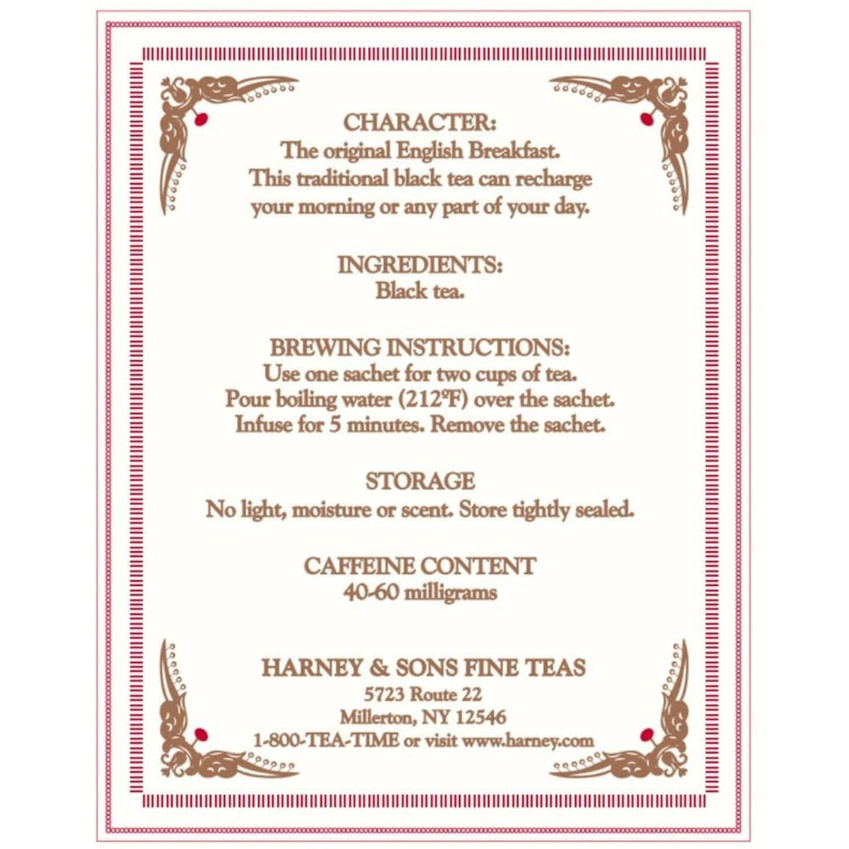 Tea back label showing character, brewing instructions, storage, and caffeine content