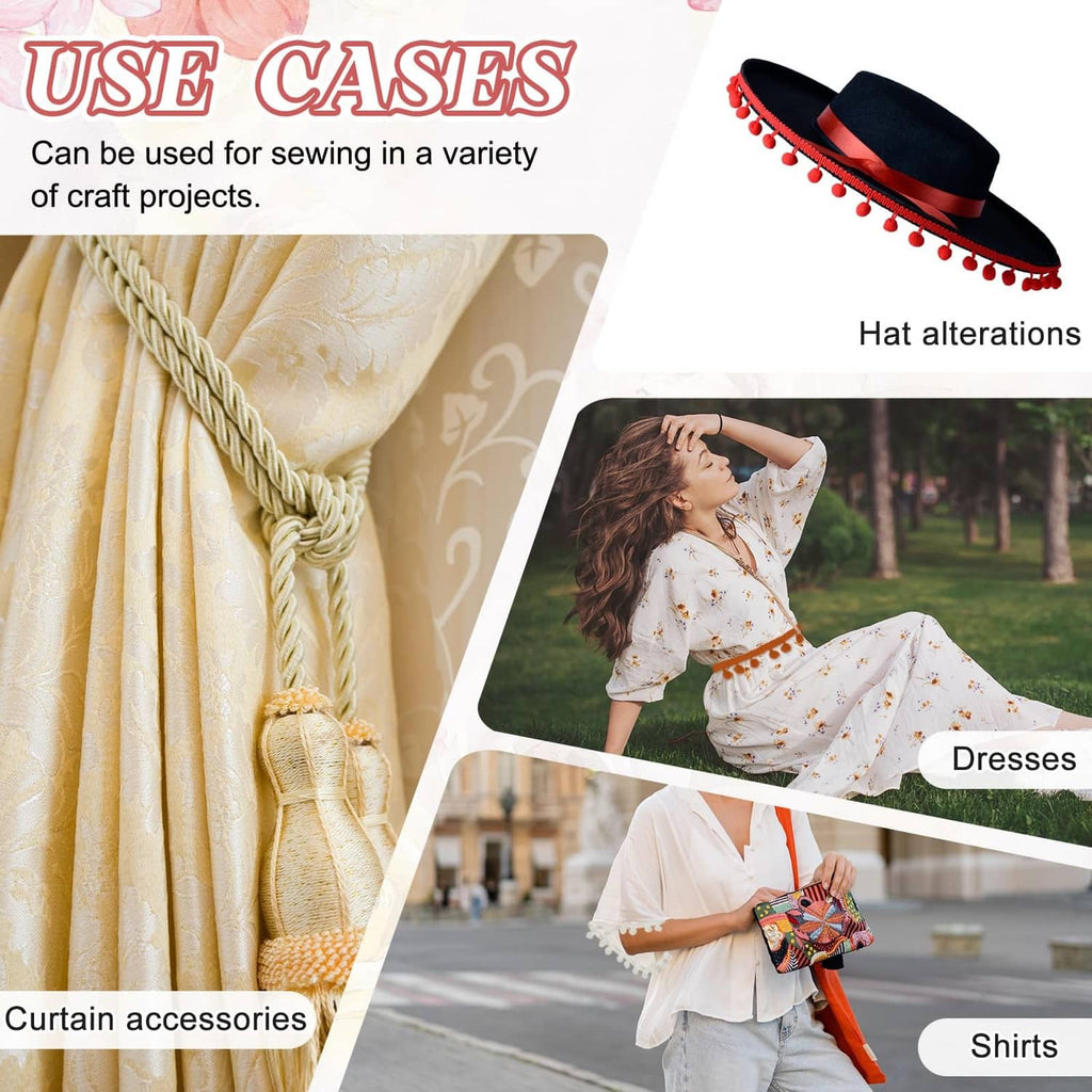 Beige pom ball fringe trim accents for curtains, hats, dresses, with pom tassels