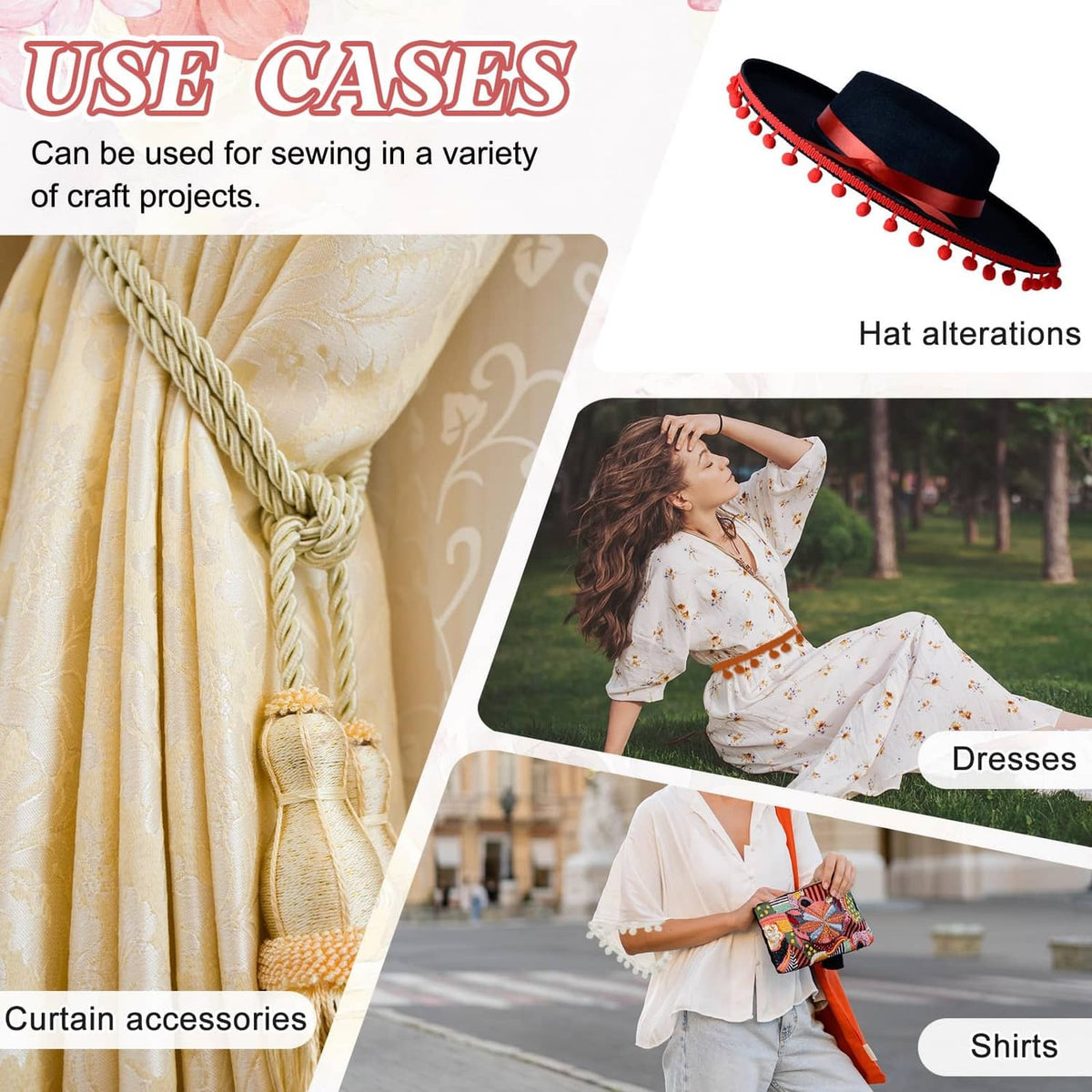 Beige pom ball fringe trim accents for curtains, hats, dresses, with pom tassels