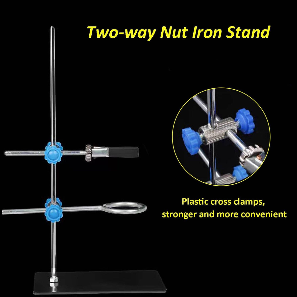 Two-way nut iron stand with metal rod and blue plastic cross clamps for holding