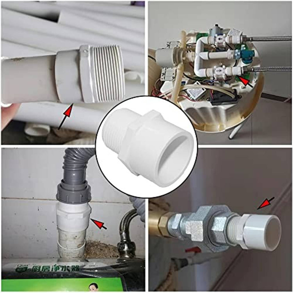 White PVC male NPT adapter on plumbing line, with inset close-up