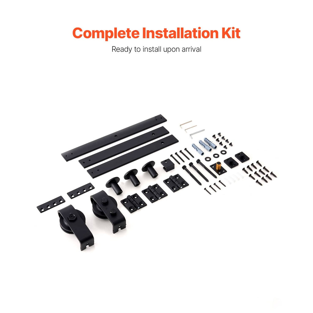 Bi-fold sliding barn door hardware kit components, including track, rollers, and mounting screws