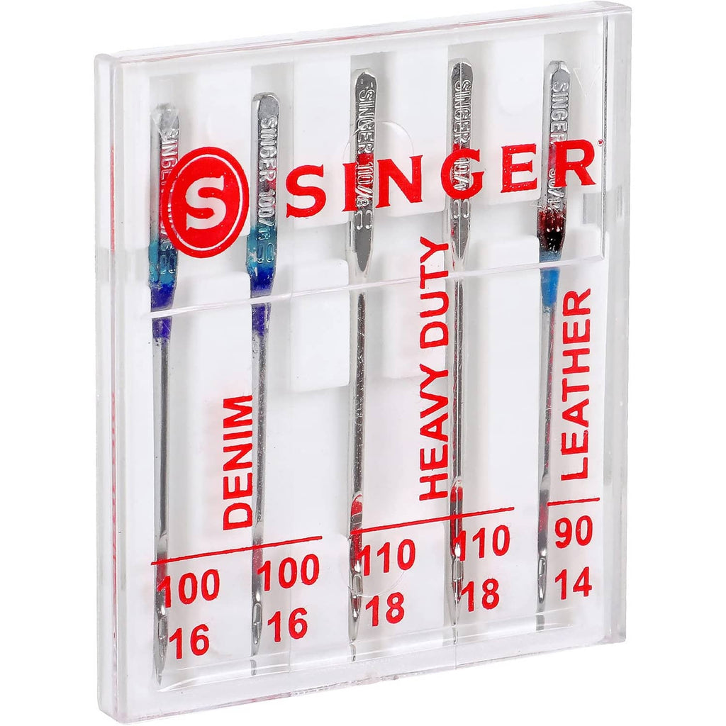 Singer heavy duty sewing needles 5-count in clear case, with denim, leather, and size markings